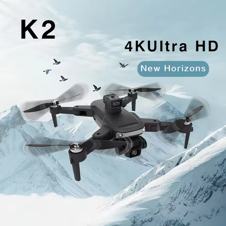 کوادکوپتر K2 pro در حال پرواز در فراز کوهستان برفی با دوربین 4k ultra hd