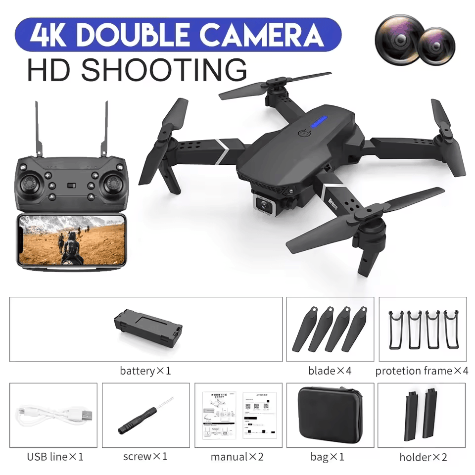 متعلقات به همراه کوادکوپتر e88 pro با دوربین 4k